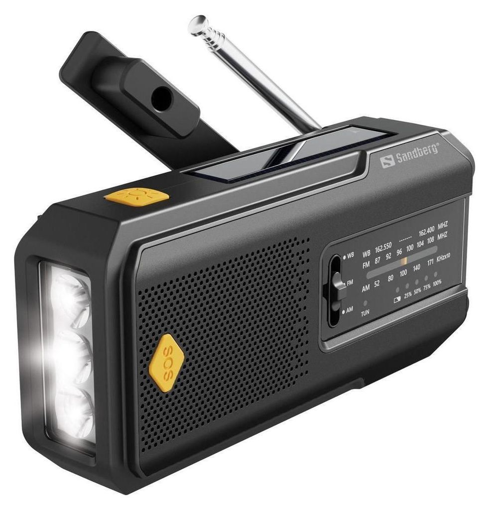 A black and yellow all-in-one radio with a flashlight and solar panel.