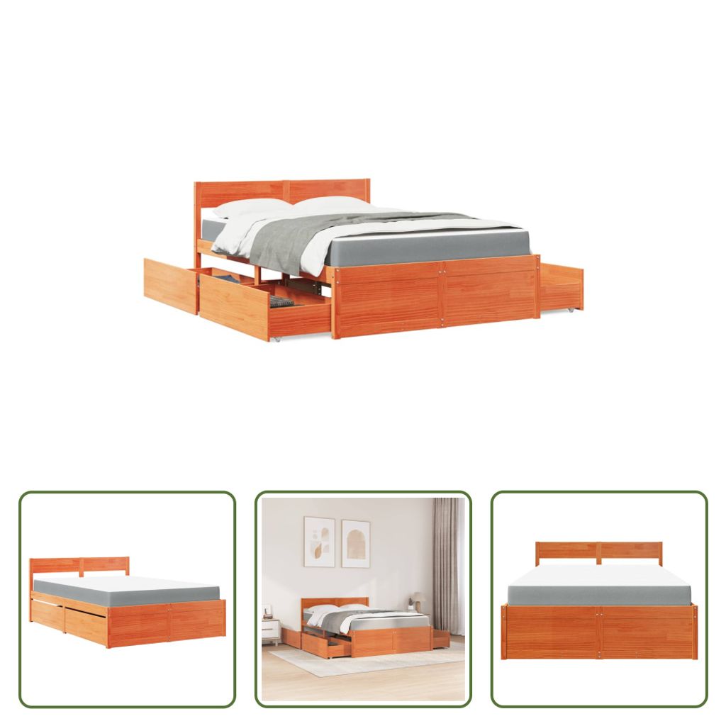 The Living Store Bett mit Schubladen und Matratze Wachsbraun 120x190 Massivholz