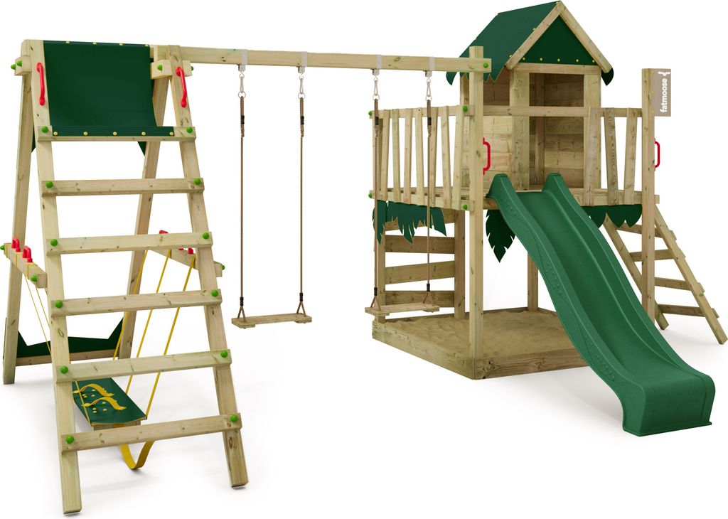 FATMOOSE Spielturm Klettergerüst JazzyJungle mit Schaukel SurfSwing & Rutsche, Spielhaus mit Sandkasten, Leiter & Spiel-Zubehör - grün
