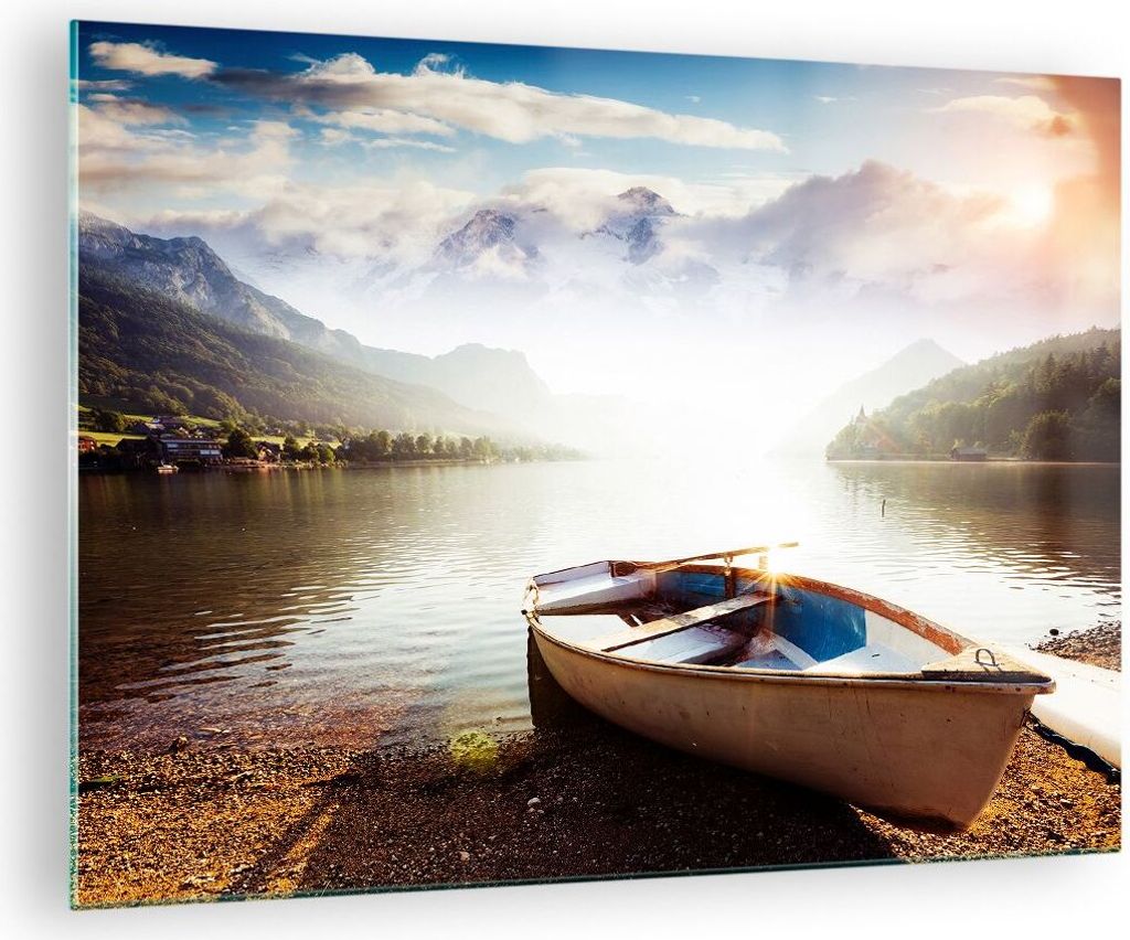 Bilder auf glas - Berge See Boot - 70x50cm - Glasbilder - Wandbilder - Kunstdruck - zum Aufhängen bereit - Wanddekoration aus Glas - Glas Bilder -...