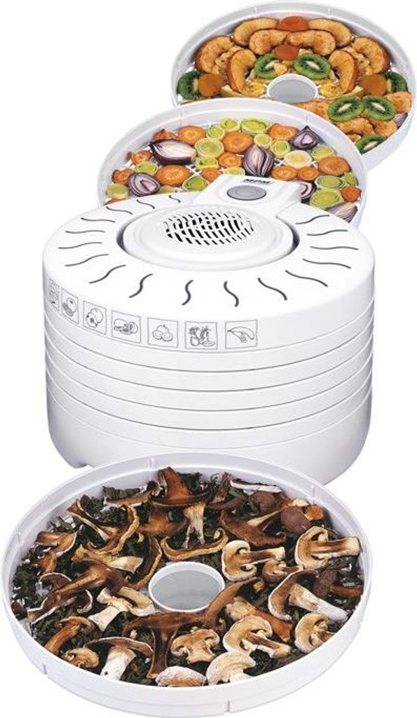 A white food dehydrator with multiple trays filled with various foods, including mushrooms, vegetables, and dried fruits.