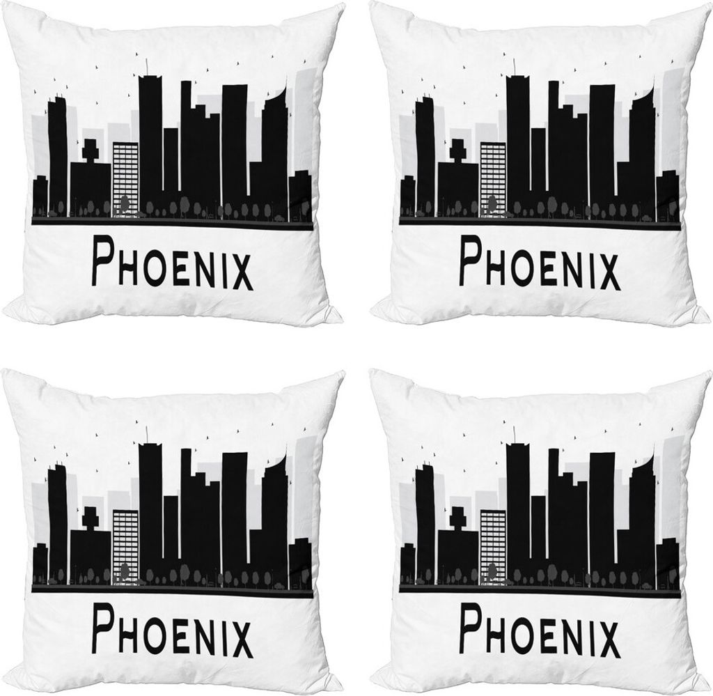 ABAKUHAUS Phönix Kissenbezug Set (4 Stück), Stadt Silhouette Wolkenkratzer, Moderner Doppelseitiger Digitaldruck, 40 cm x 40 cm, Schwarz und weiß