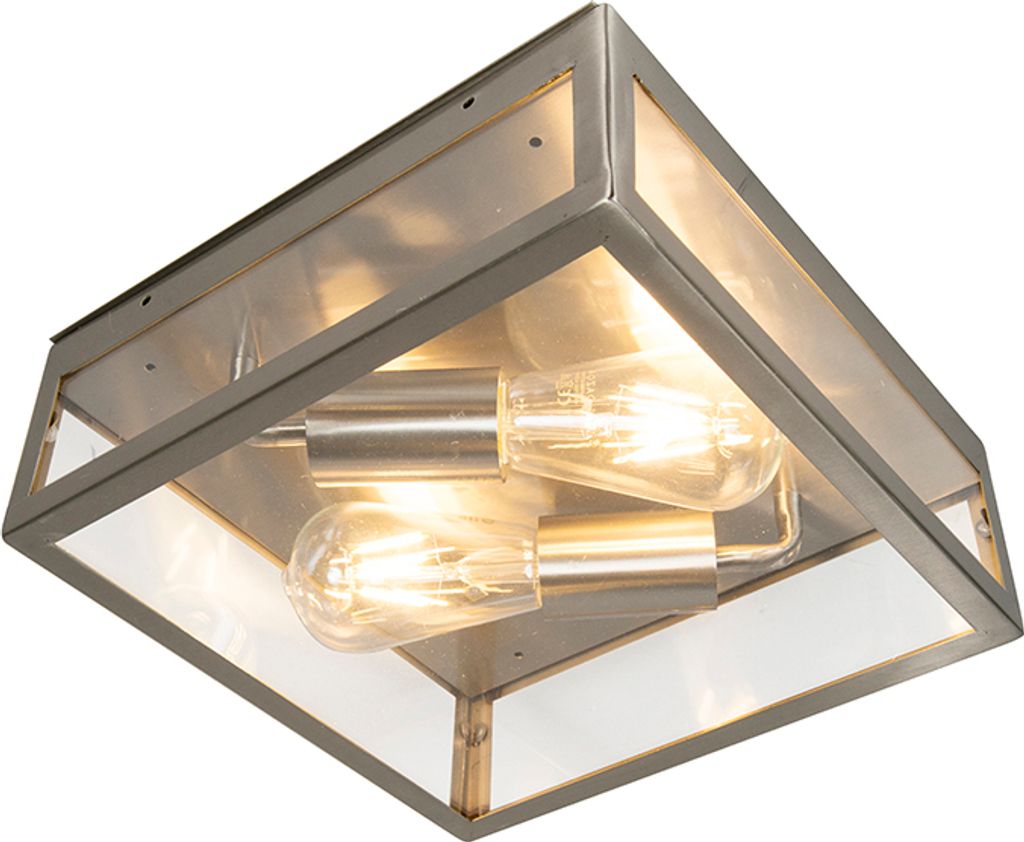 QAZQA - Moderne quadratische AußenDeckenleuchte I Deckenlampe I Lampe I Leuchte Stahl I Silber I nickel matt zweiflammig - Rotterdam I Außenbeleu...