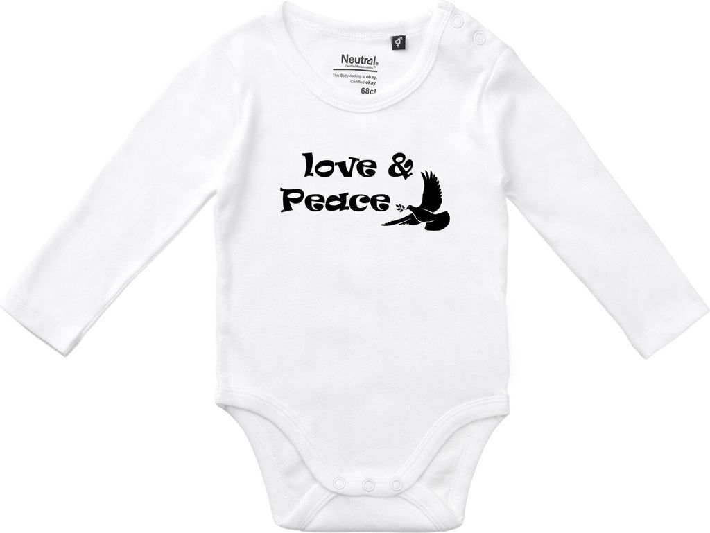 Huuraa Baby Body Love & Peace 80 White Baumwolle Fairtrade Langarmbody Geschenkidee