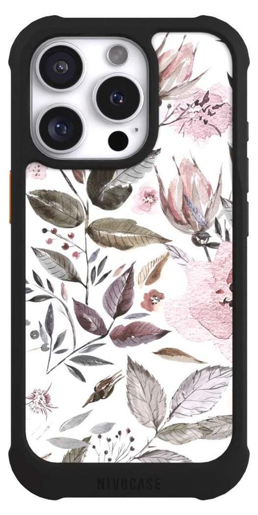 NIVOCASE Hülle für Apple iPhone 16 Pro Stoßfeste Handyhülle NIVOmax Case Schwarz Blumen Pastell Wasserfarbe