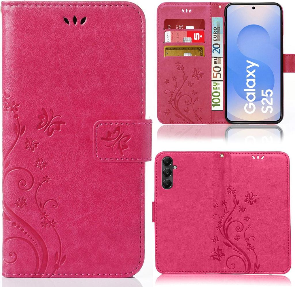 Handytasche für Samsung Galaxy S25 Schutz Hülle Handyhülle mit Blumenmuster Klapp Hülle mit Standfunktion und Kartenfächer Farbe: Pink