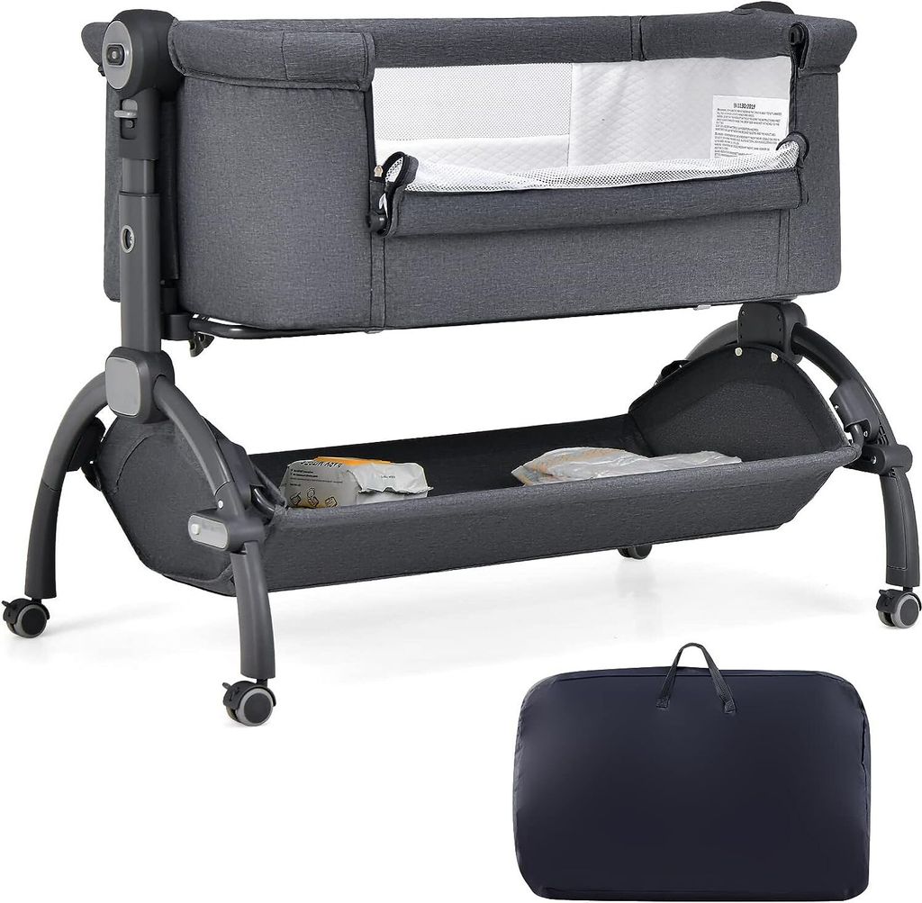 GOPLUS Baby Beistellbett, Babywiege mit Matratze, Tragetasche & Aufbewahrungskorb, 7-Fach höhenverstellbares Babybett, bis 9 kg Belastbar, Grau