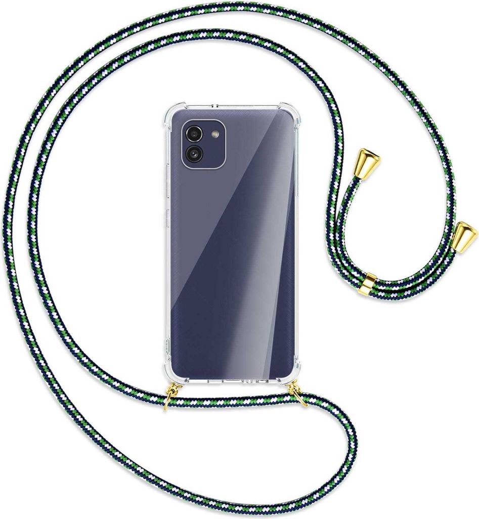 Handykette Backcover-Schutzhülle mit Band (Metall goldfarben) für Samsung Galaxy A03 4G - grün/blau/weiß
