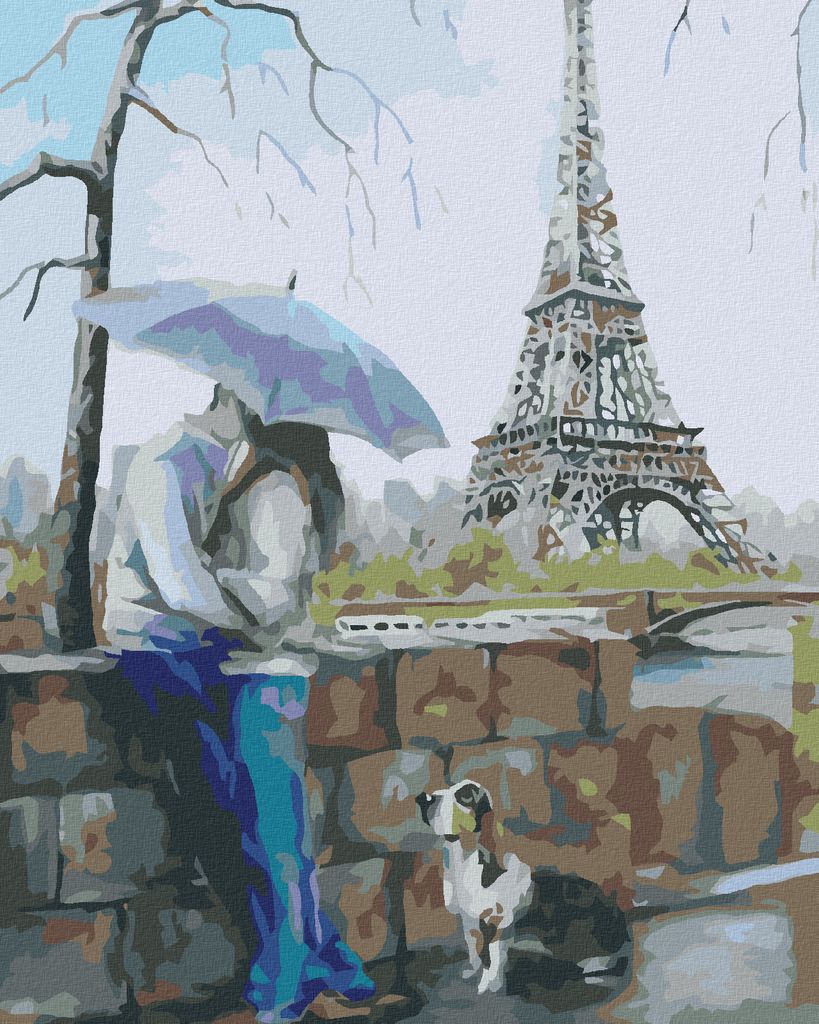 Diamondi - Diamond painting - LIEBHABER MIT HUND AM EIFFELTURM, 40X50 cm, mit Keilrahmen (bereits gespannt)