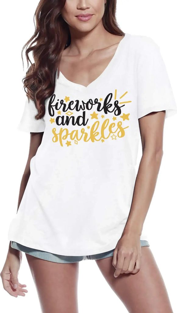 Damen Grafik T-Shirt V-Ausschnitt Feuerwerk und Glitzer – Fireworks And Sparkles – Öko-Verantwortlich Vintage Jahrgang Kurzarm Lustige Druck
