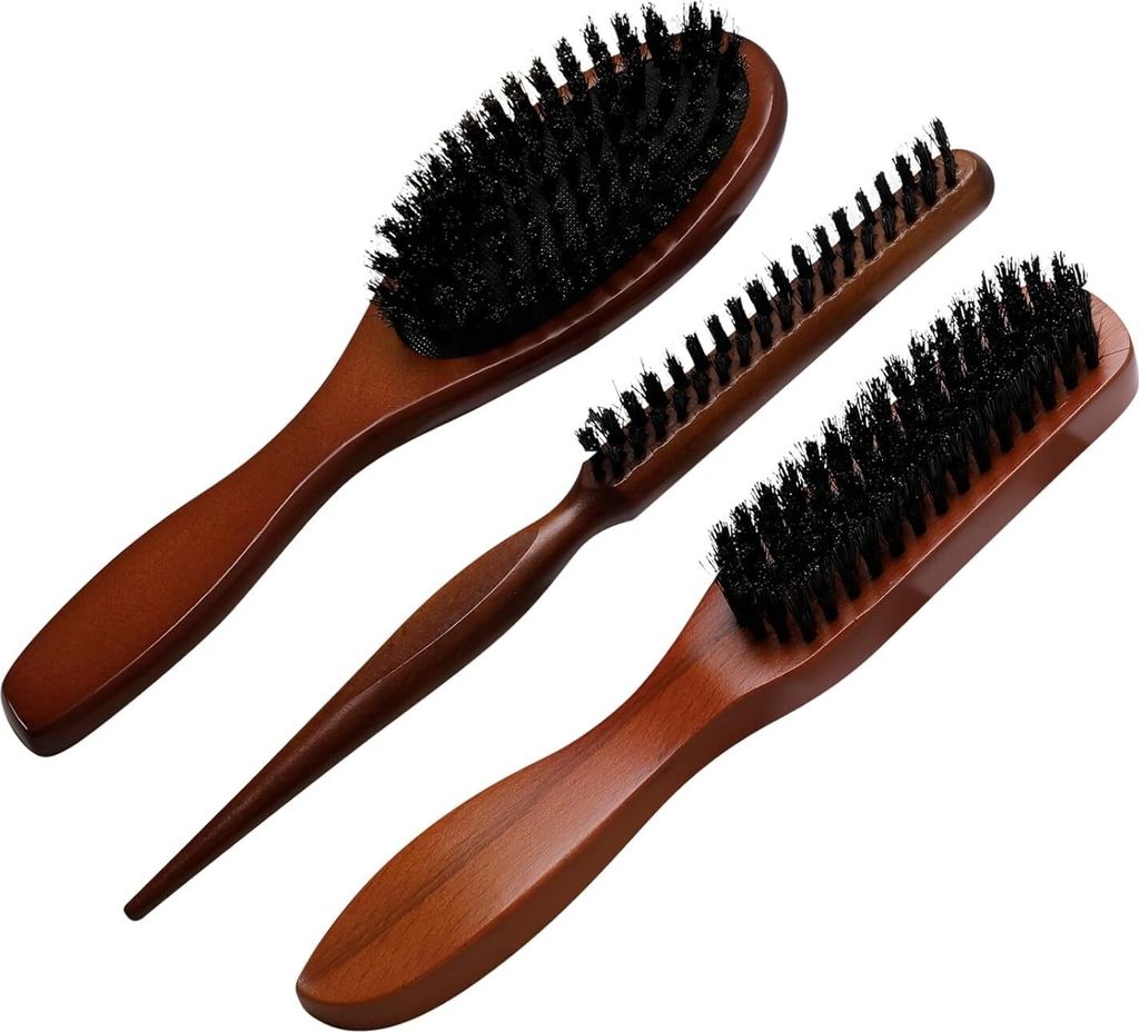 3 Stück Wildschweinborsten Bürste, Haarbürste Wildschweinborsten, Sleek Bun Bürste, Borsten Bürste, Bristle Brush für Haarentwirrung und Deta...