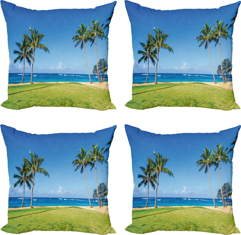 ABAKUHAUS hawaiisch Kissenbezug Set (4 Stück), Kokosnuss-Palme Hawaii, Moderner Doppelseitiger Digitaldruck, 45 cm x 45 cm, Blau Grün
