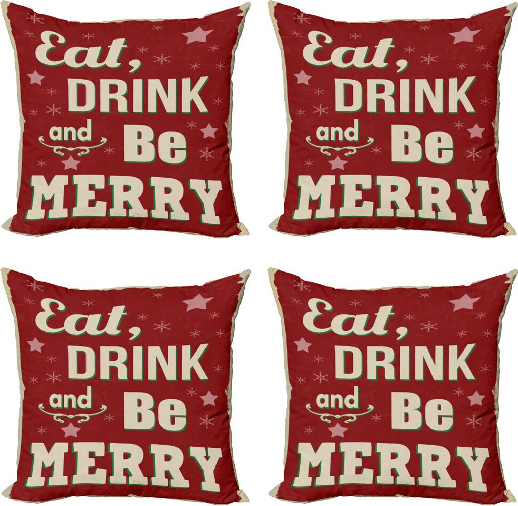 ABAKUHAUS Iss, trink und sei fröhlich Kissenbezug Set (4 Stück), Xmas-Theme, Moderner Doppelseitiger Digitaldruck, 50 cm x 50 cm, Red Beige Grün