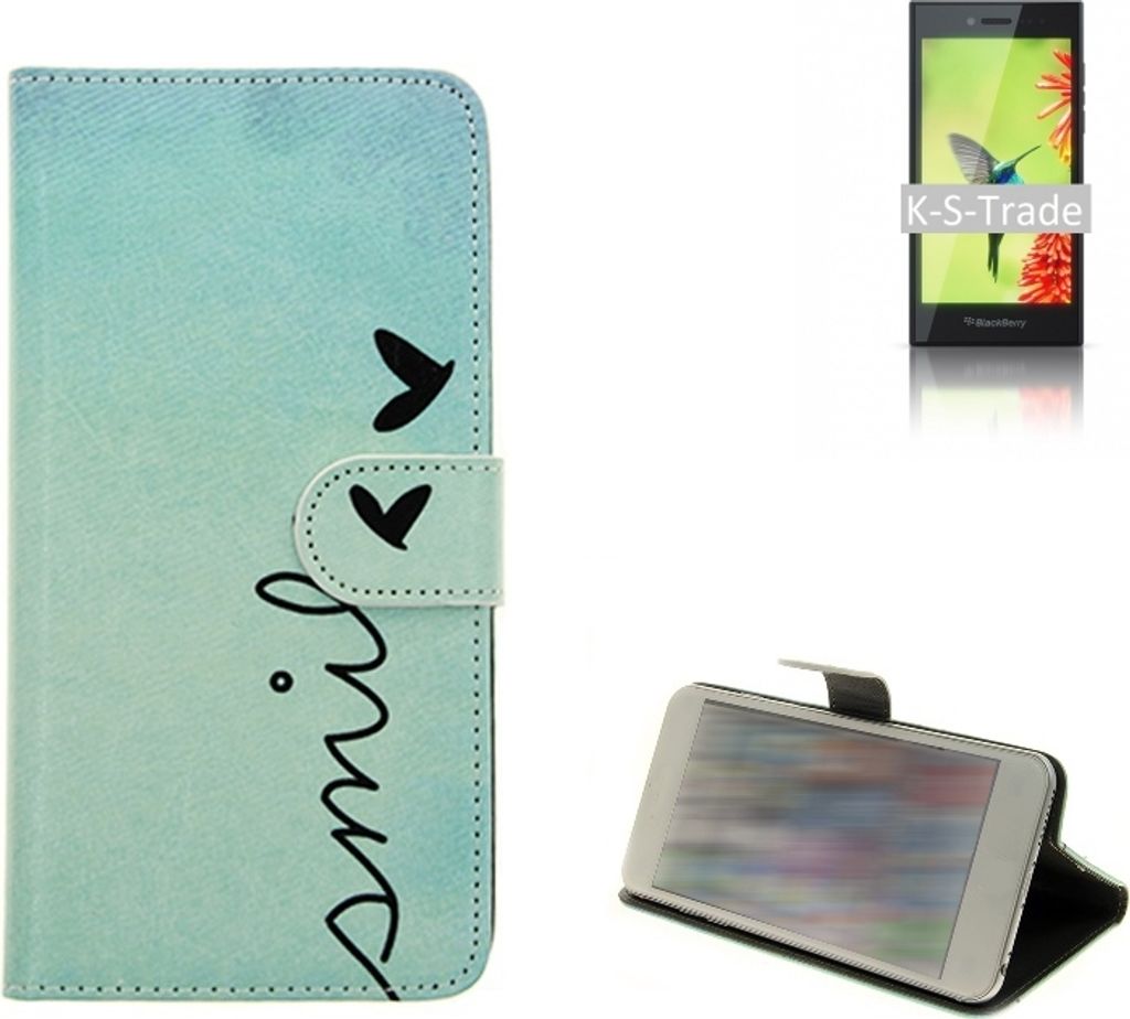 K-S-Trade Schutz-Hülle Handy-Hülle kompatibel mit Blackberry Leap Hülle Wallet Case Flip cover bookstyle Etui Handyhülle ''smile'' türkis