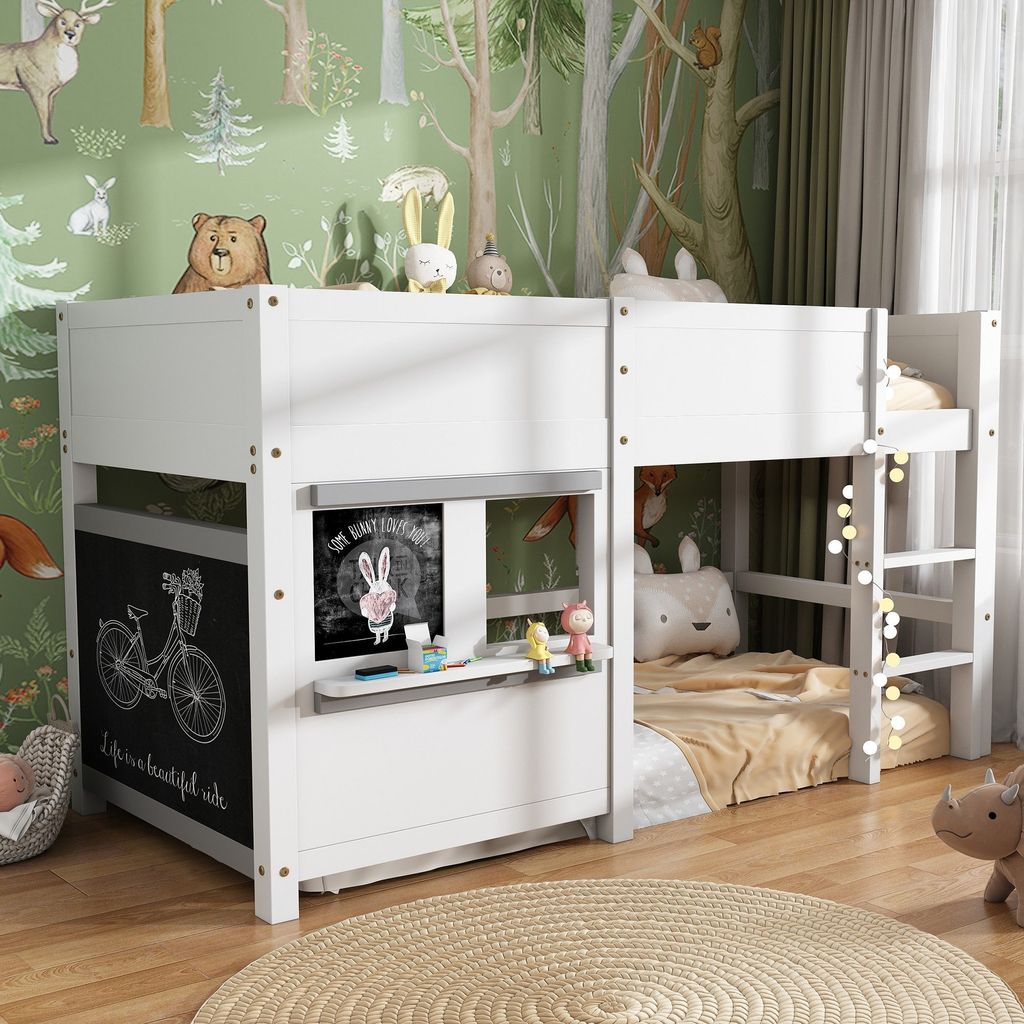 Odikalo Kinderbett Hausbett Spielbett Etagenbett Fenster Bretter Tafel Ablage 90x200 Weiß