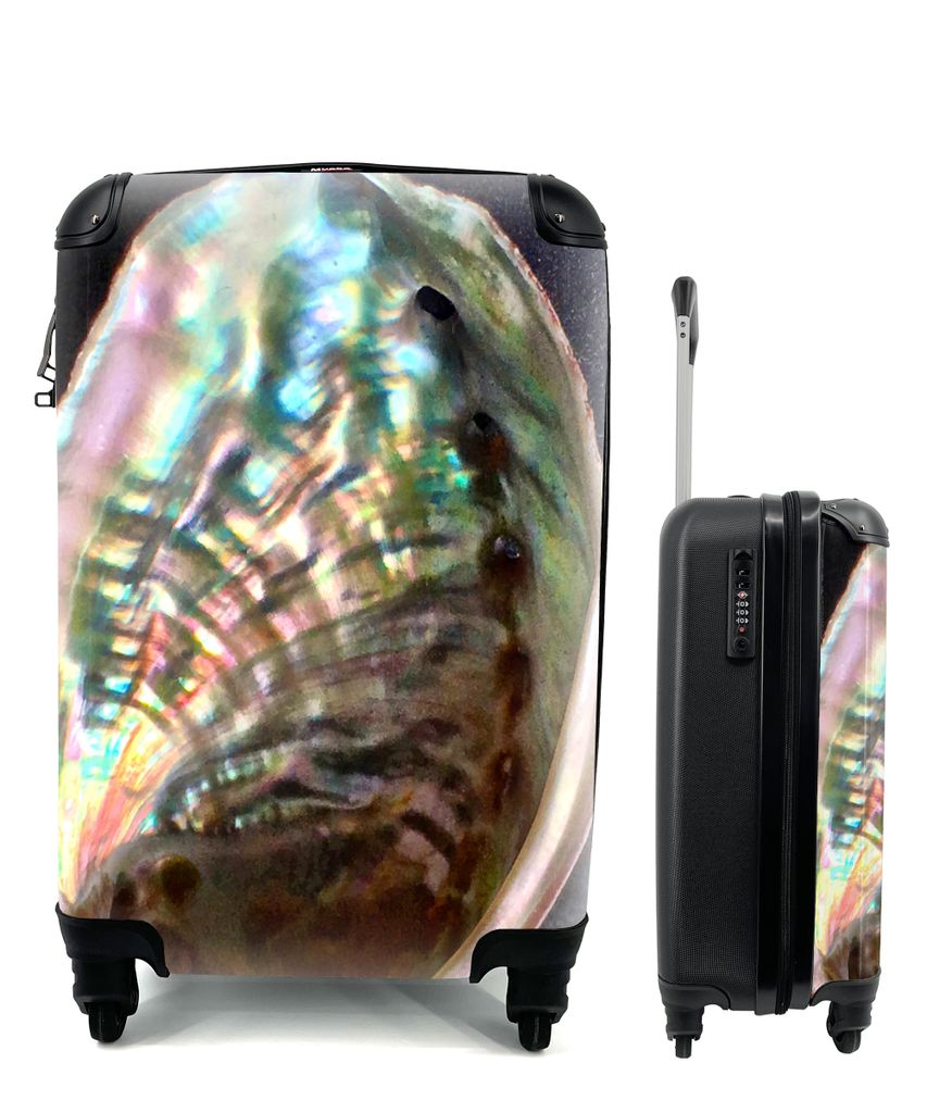 MuchoWow Koffer Handgepäck Trolley Rollkoffer Kleine Reisekoffer mit 4 Rollen - Muschel - Perlmutt - Holz - Cabin Size < 55x40x23 cm & 55x40x20 ...