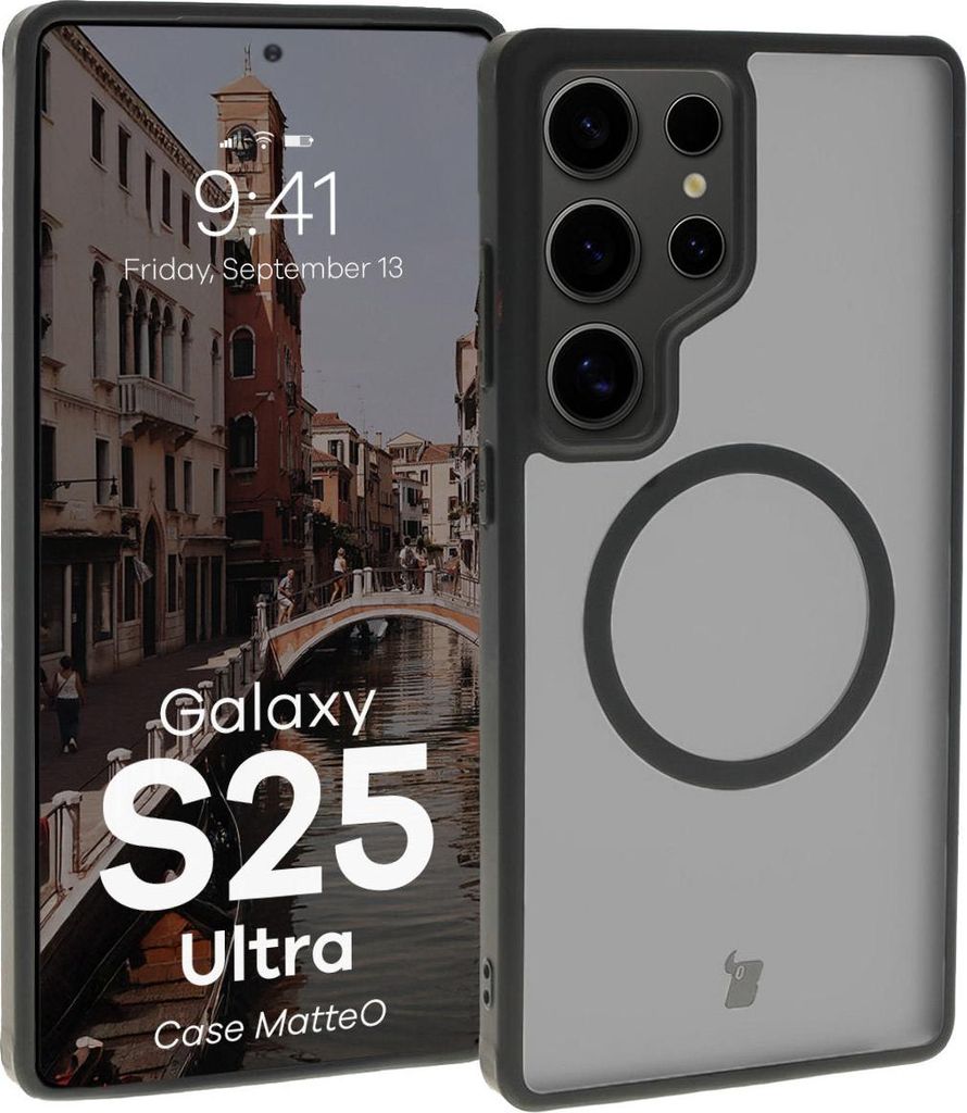 Bizon Case MatteO Magnetische Ringhülle für Galaxy S25 Ultra, halbtransparent mit schwarzem Rahmen