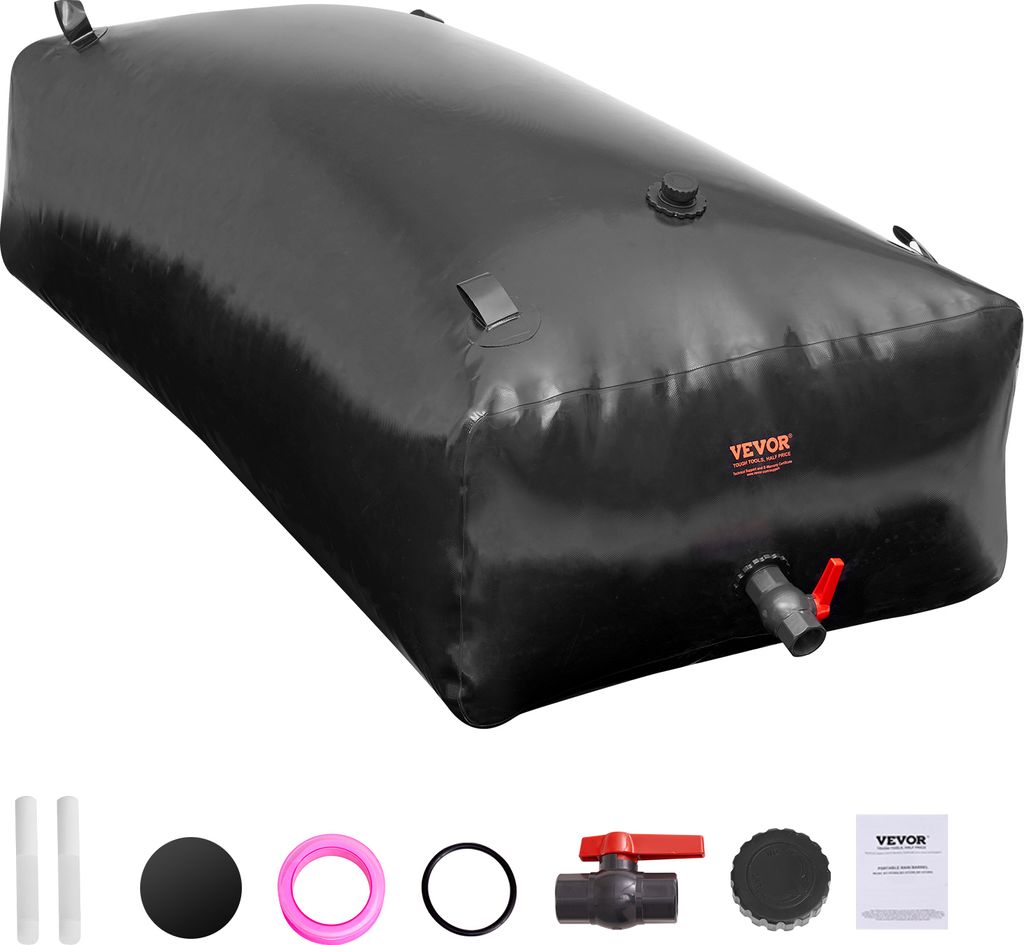 A large, black, flexible water storage bladder with a spigot and various accessories laid out below it.