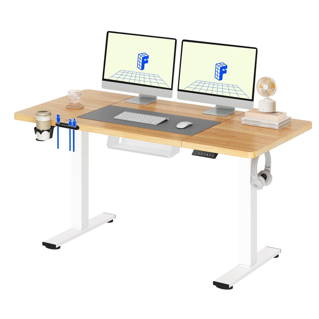 An adjustable standing desk with two monitors, a keyboard, a mouse, and accessories.