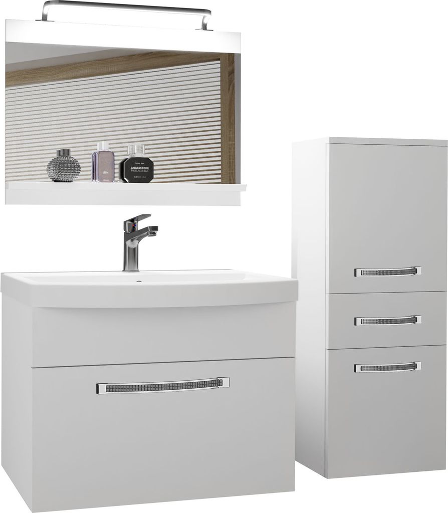 BELINI Badmöbel Vollausstattung Set Waschbeckenschrank, kleiner Schrank, Waschbecken, Spiegel, Lampe (Weiß, Matt)