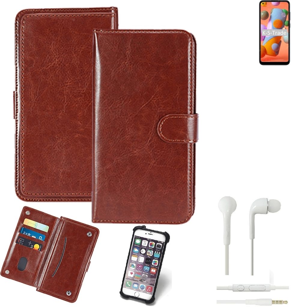 K-S-Trade 360° Hülle kompatibel mit Samsung Galaxy A11 inkl. Headphones braun Kunstleder Case BookCase WalletCase Kunstlederederhülle Handyhülle,
