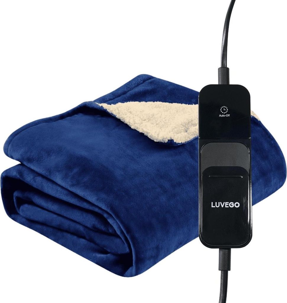 A folded blue heated blanket with a cream sherpa lining, next to its black controller.