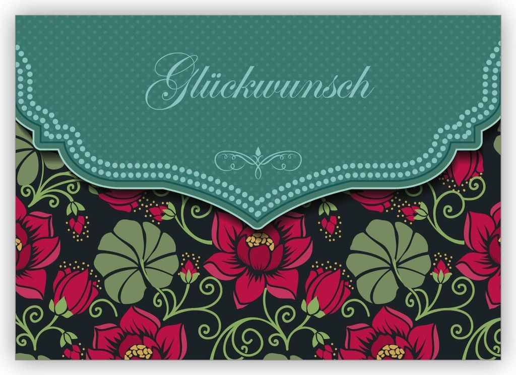 Traumhafte Retro Glückwunschkarte mit Vintage Seerosen Muster in grün zur Hochzeit, Taufe, Geburt, Examen etc: Glückwunsch