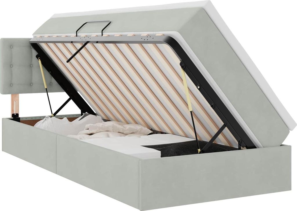 Bett mit Stauraum und LED mit LED Hellgrau 90 x 190 cm Samt