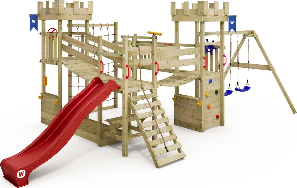 WICKEY Spielturm Smart Arch mit Kletternetz, Doppelschaukel, Wackelbrücke und Rutsche - rot