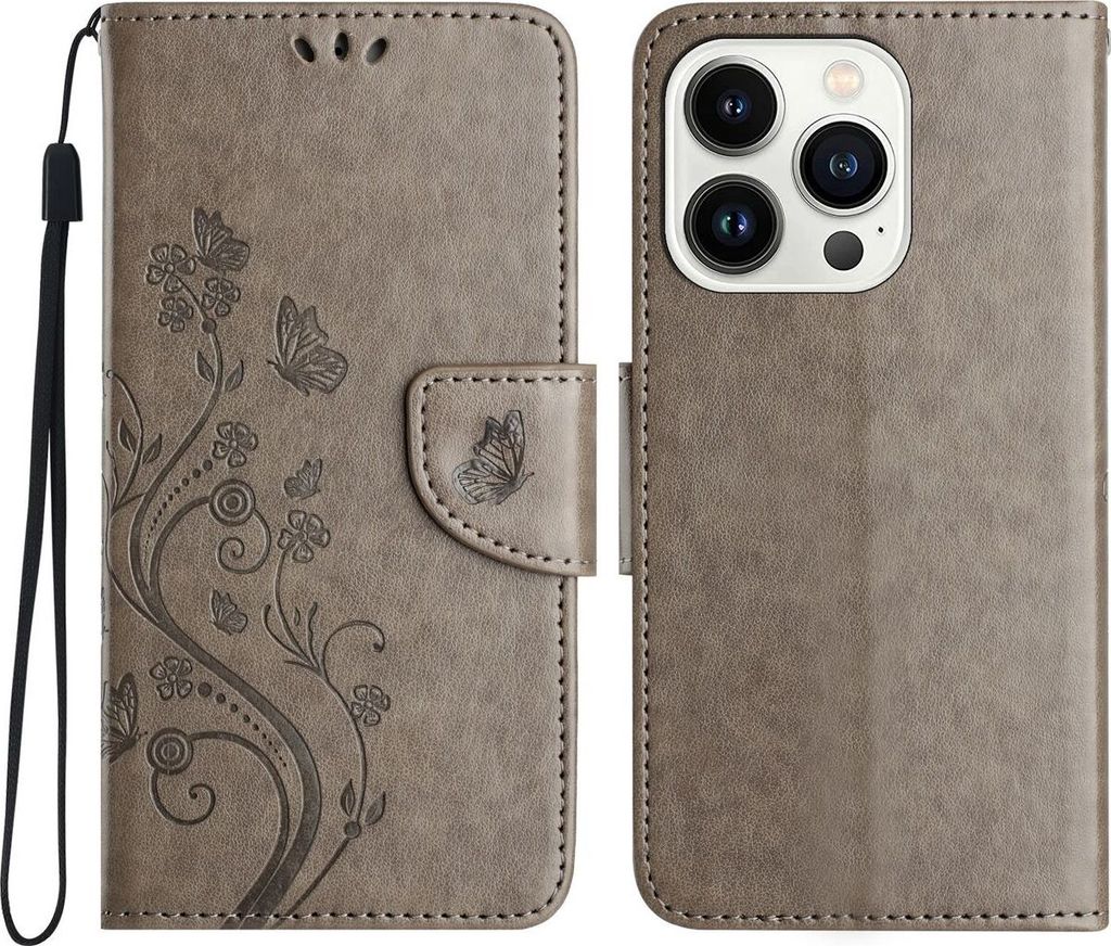 Mobigear Flowers iPhone 16 Pro Hülle Klapphülle Geldbörse - Grau