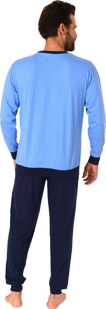 Herren Pyjama langarm Schlafanzug mit Bündchen und mit Frontprint - 212 101 10 903 ; blau , 50