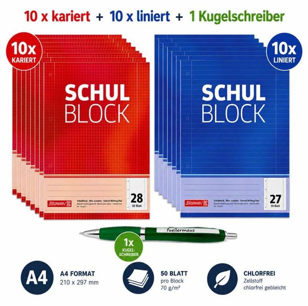 SPARPACK BRUNNEN Schulblock A4 10x liniert + 10 x kariert - Produktbild 