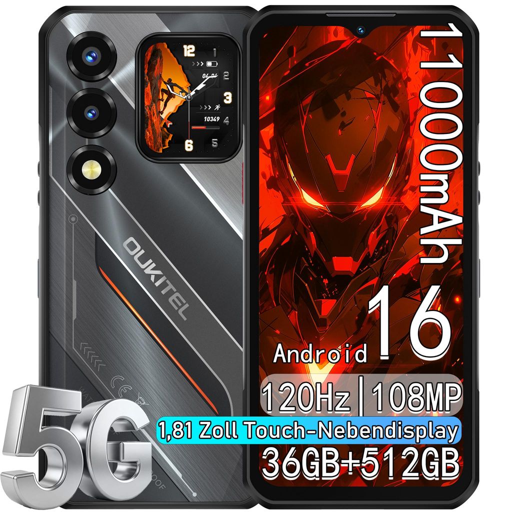 OUKITEL WP66 5G Handy Outdoor Smartphone Ohne Vertrag,11000mAh/33W 6,6'' FHD+ 120Hz+ 1,81'', Dimensity 7025 36+512GB 108MP IP68 Android 16 NFC,Schwarz