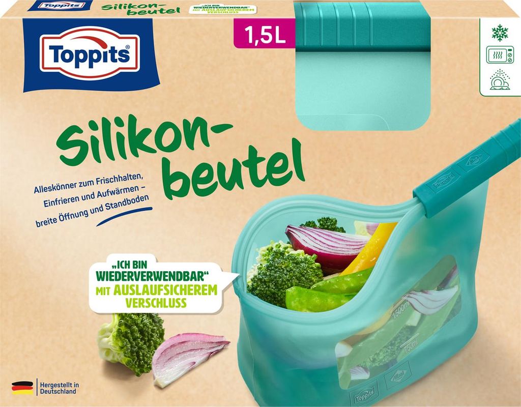 Toppits Silikonbeutel 1.5l wiederverwendbar mit Standboden Produktbild 