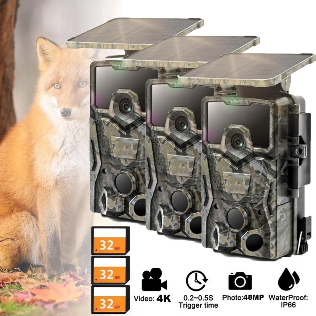 3 Stück Wildkamera Wildtierkamera 4K 48P WLAN Solar Wildkamera mit 2600mAh Akku & Bewegungsmelder Nachtsicht 0,2s Auslösezeit Inklusive 32GB Karte