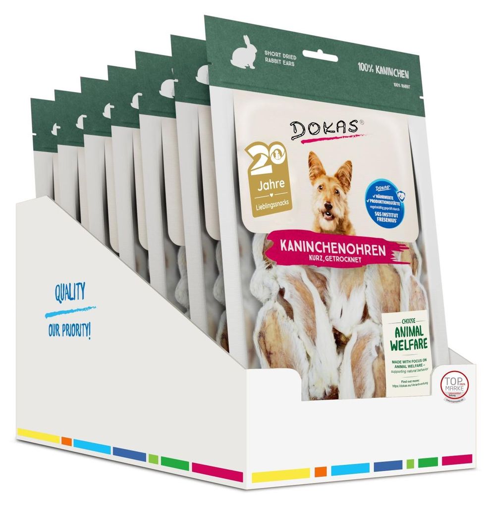 DOKAS - Kaninchen-Ohren mit Fell getrocknet kurz 7er Pack (7 x 100g)