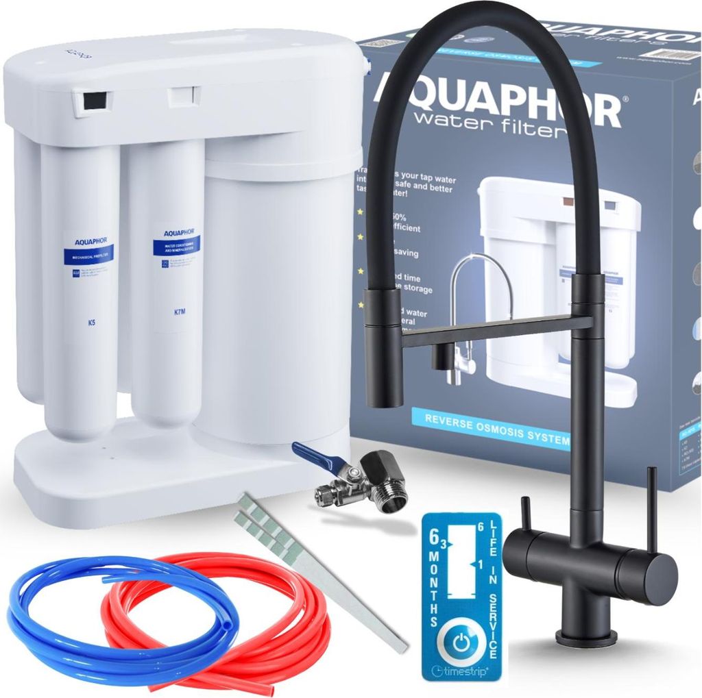 Aquaphor Morion 101S RO Trinkwasserfilter-Set + HighFlex Dreiwege-Küchenarmatur - MATTSCHWARZ