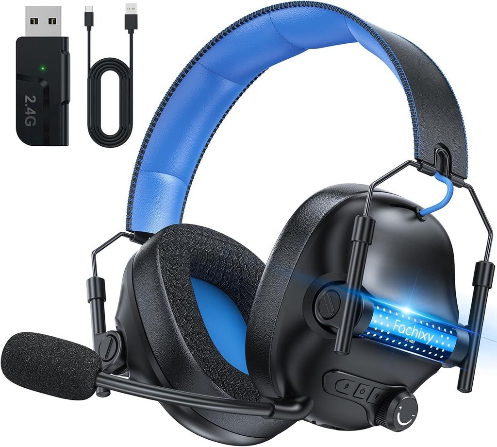 Gaming Headset, 2.4GHz Kabellos mit Mikrofon für PS5, PS4, PC, Switch, Bluetooth 5.4, Geringe Latenz Noise Cancelling, mit LED Licht, 50H Akkulauf...