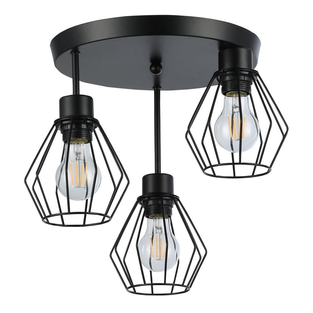 A black, three-light ceiling fixture with geometric metal cages around each bulb.