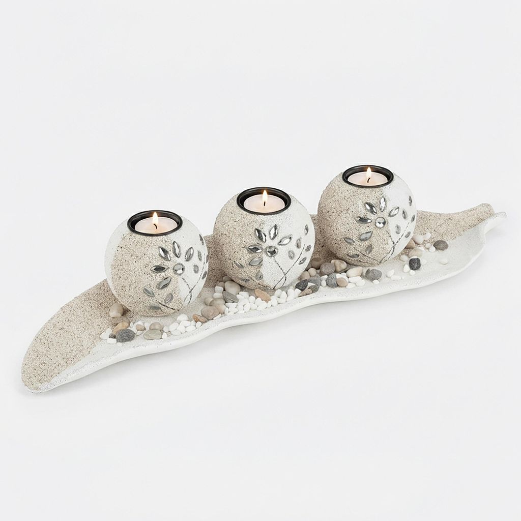 Relaxdays Teelichthalter Set, Blattschale, Deko Sand, Produktbild 