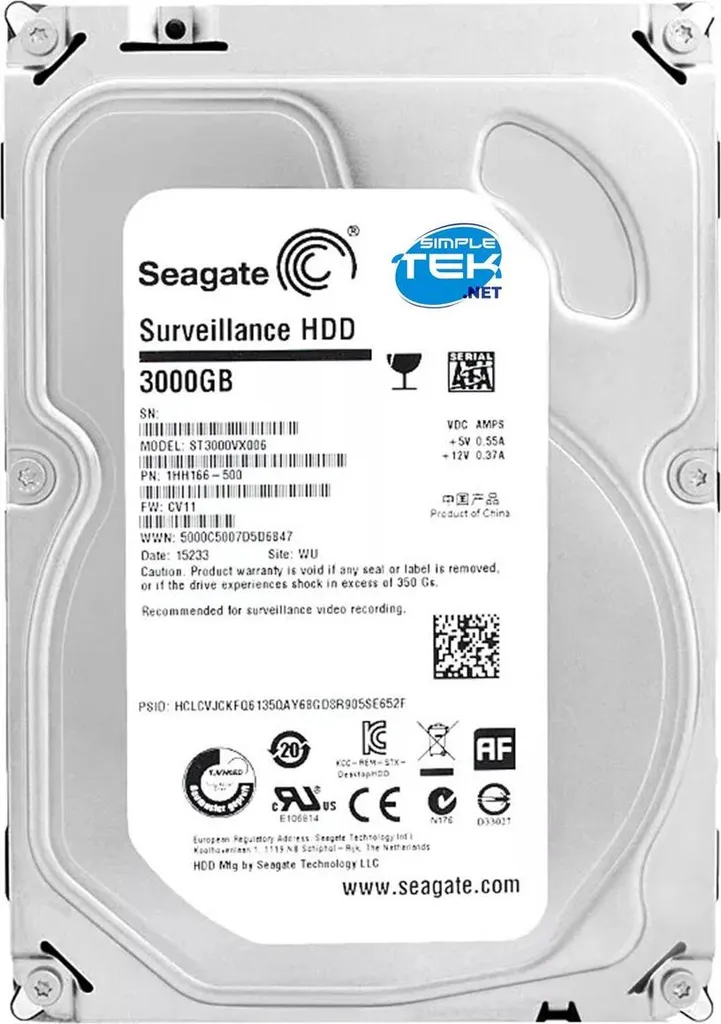 Seagate Skyhawk 3Tb Hdd 3,5" Sata 3000Gb Hard Disk Dvr Nvr Computer Desktop Pc