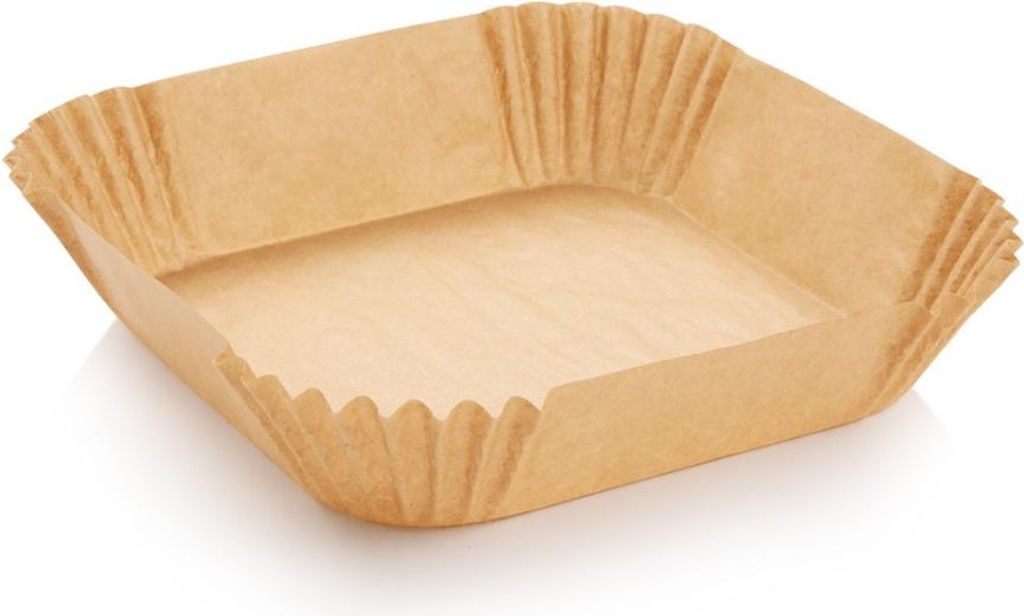 A square, brown paper baking liner for an air fryer or oven, shown from a slightly elevated angle.