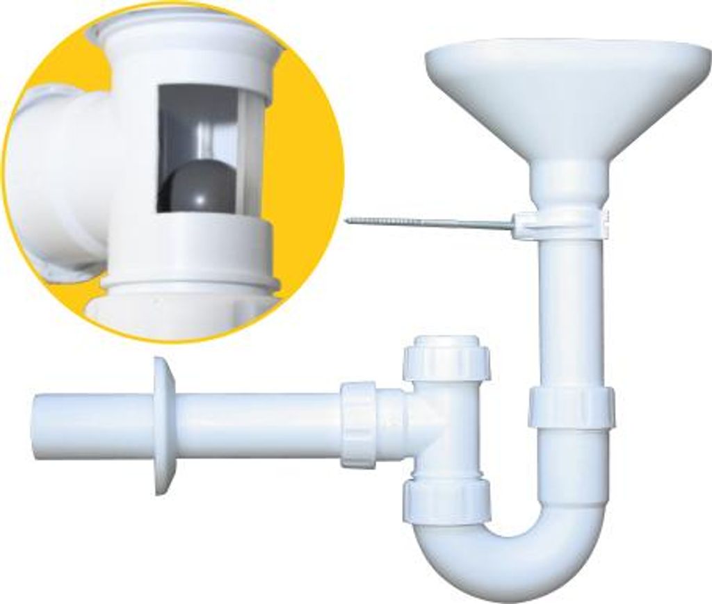 A white plastic plumbing trap with a funnel and a close-up inset showing a ball valve mechanism.
