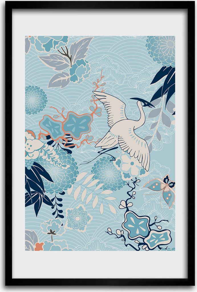 Bild - Bilderrahmen - 40 cm x 60 cm - MDF - Rahmen - Wandkunst - Kran und Blumen