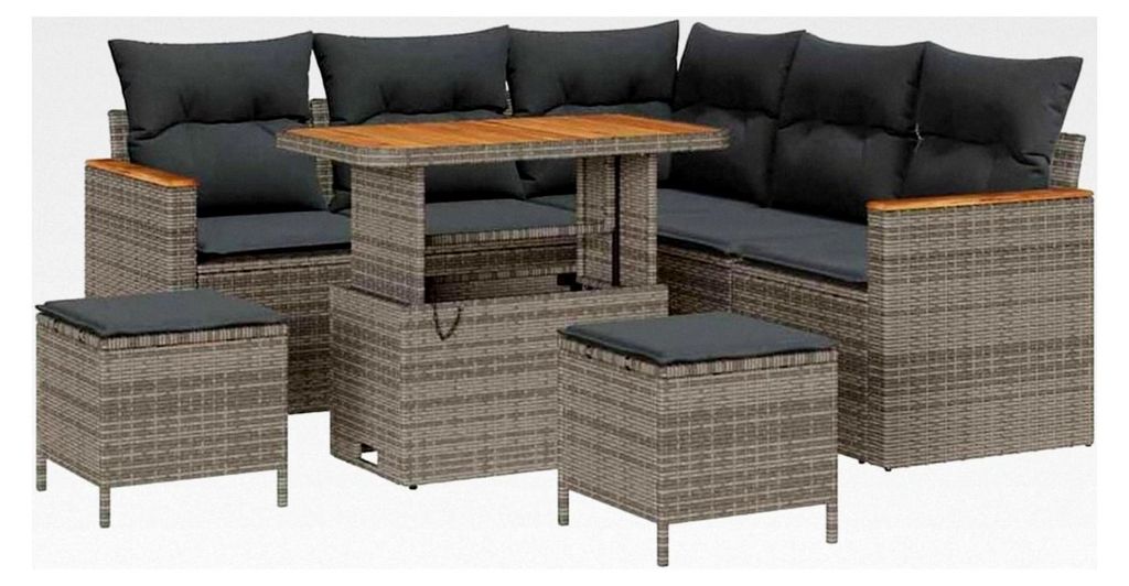 Garten-Sofa-Set mit Kissen in Grau aus Poly-Rattan, für Garten und Terrasse, modernes Design, wetterfest, Akazienholz-Möbel für Entspannung im F...