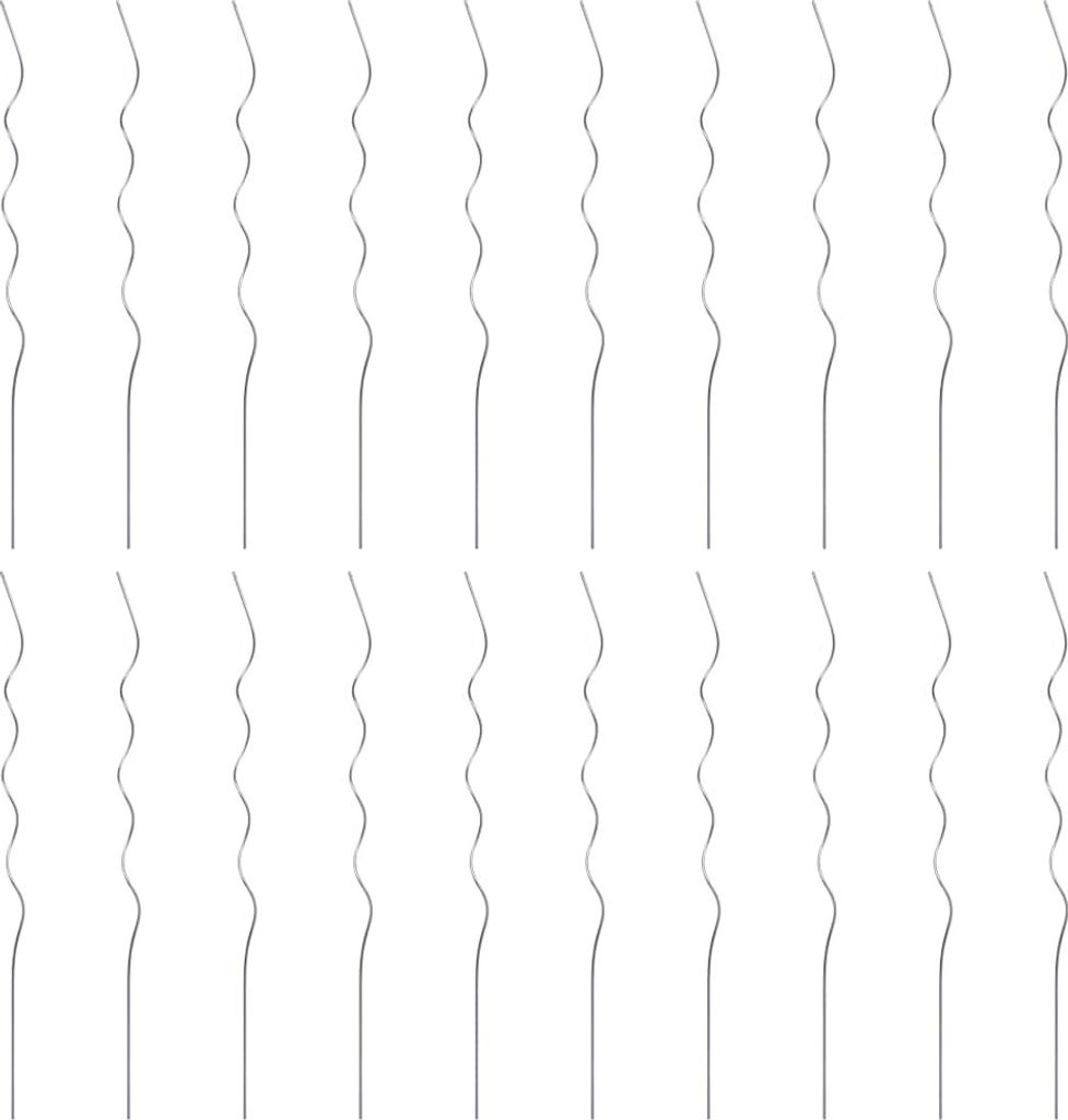 A grid of twenty identical, thin, wavy metal stakes arranged in two rows of ten.