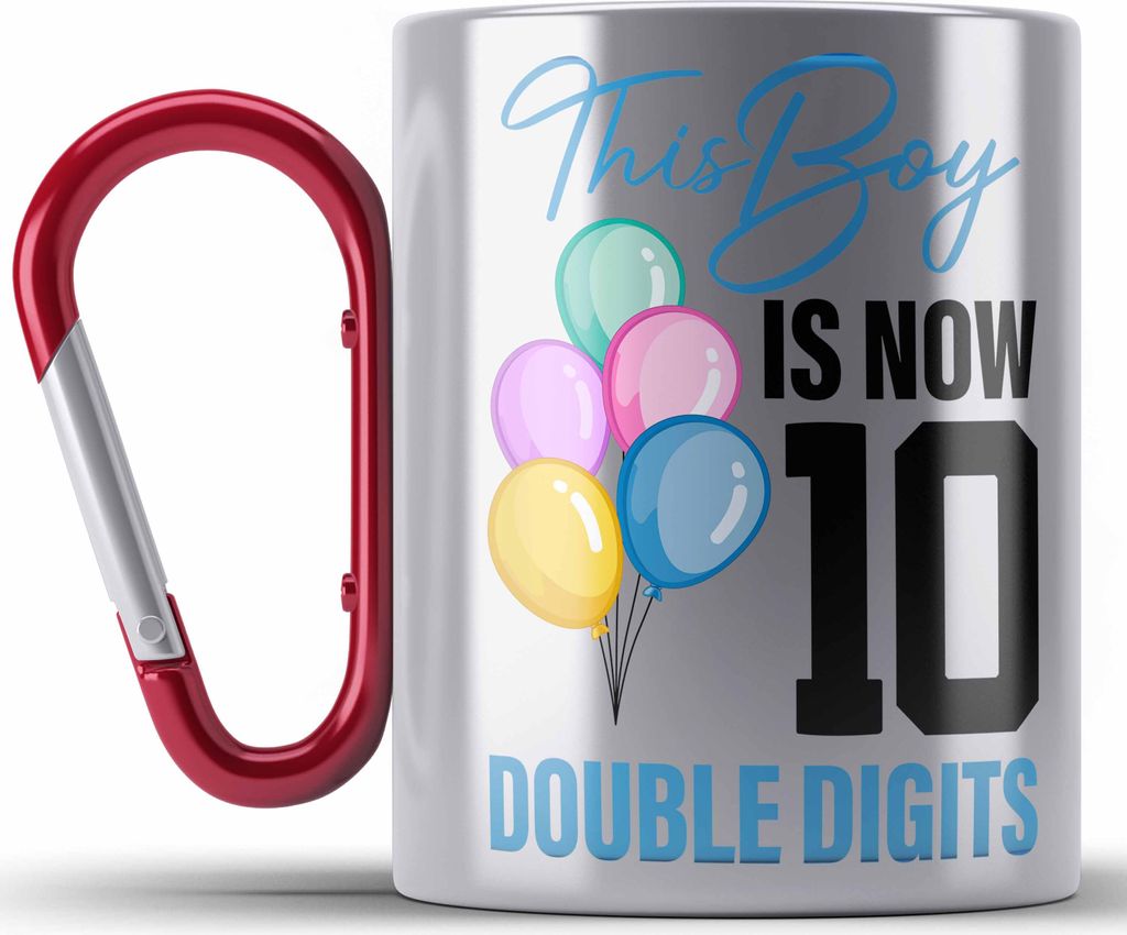 Trendation - 10 Geburtstag Junge Jungen Geschenke Edelstahl Tasse Karabiner 10er Geburtstag 10 Jahre Alt Geschenkidee Lustig (Rot)