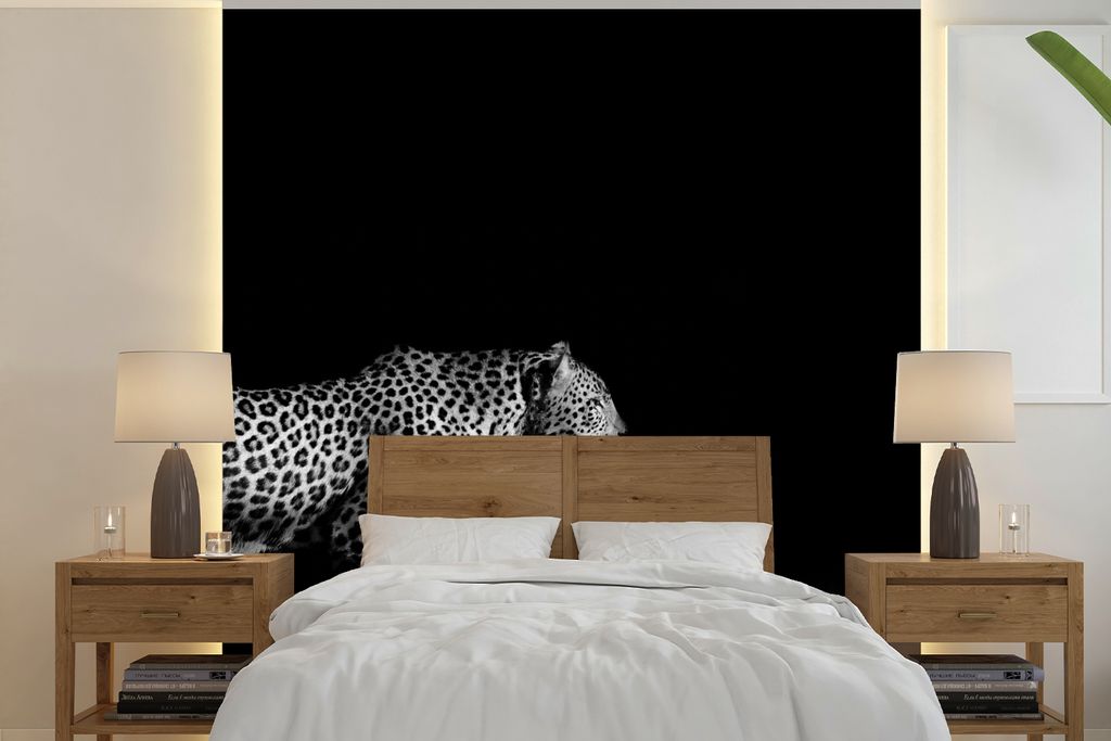 MuchoWow Fototapete für Wohnzimmer oder Schlafzimmer Wandtapete Vinyl Motivtapete Wildtiere - Leopard - Gras - Schwarz - Weiß - 220x220 cm - Ta...