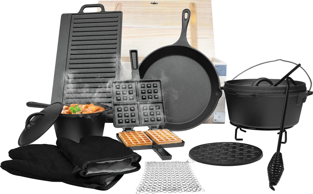 LZQ Set Dutch Oven 11 Pièces en Fonte avec Caisse en Bois pour Barbecue