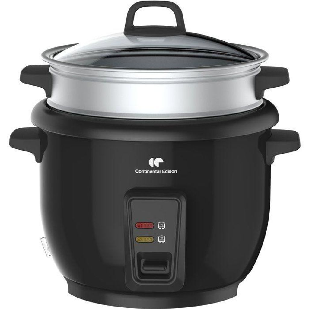 Continental Edison CECR18B Reiskocher 700 W, 1,8 L mit Dampfkorb, Warmhaltefunktion, Glasdeckel, Edelstahl-Design
